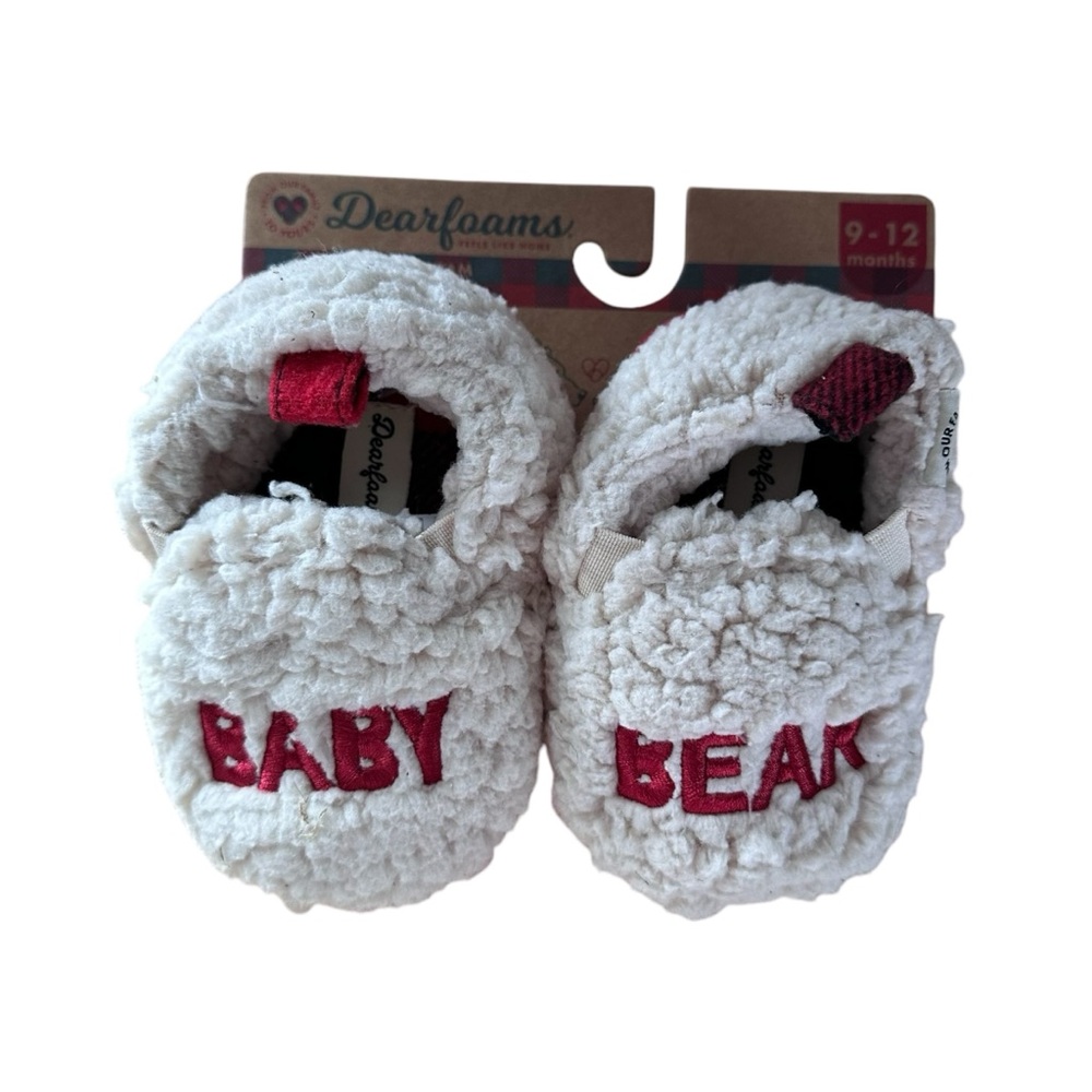 Dearfoams Baby Bear Memory Foam Slippers Sherpa Beige Red Plaid Size 9-12 Months